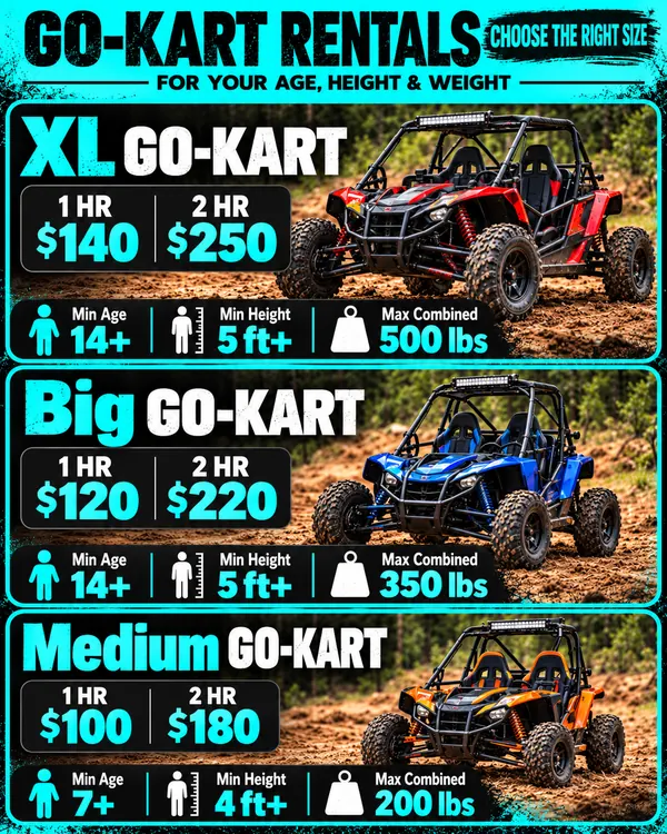 Go-kart rental size chart with 1-hour and 2-hour prices, driver ages, heights and combined weight limits: XL Go-Kart $140 and $250, 14 and up, 5 ft and taller, 500 lb combined; Big Go-Kart $120 and $220, 14 and up, 5 ft and taller, 350 lb combined; Medium Go-Kart $100 and $180, drivers 7 to 13, 4 ft and taller, 200 lb combined